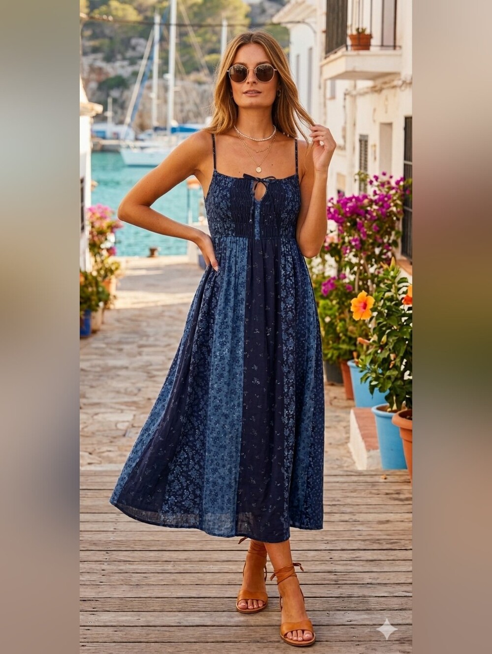 Lucky Brand Navy Blue Floral Smocked Waist Dress 100% Cotton